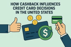 Illustration showing how cashback influences credit card decisions in the United States, featuring hands holding credit cards, gold coins symbolizing cashback rewards, and a circular arrow with a dollar sign representing money returns. A thumbs up icon emphasizes positive consumer perception, highlighting how cashback incentives impact credit card choice and spending behavior.