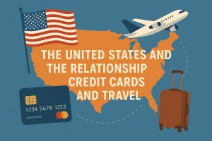 Illustration showing the relationship between credit cards and travel in the United States, featuring a map of the U.S. with an airplane flying across it, a credit card, a suitcase, and a U.S. flag. The visual represents how credit cards support travel experiences through rewards, miles, and payment convenience in domestic and international trips.