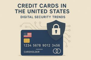 Illustration depicting digital security trends in credit cards in the United States, featuring a blue credit card with a U.S. flag and a shield with a lock icon. Circuit-style lines surround the card, symbolizing advanced digital protection, encryption, and cybersecurity measures used to safeguard credit card transactions and personal data.