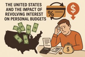 llustration showing the impact of revolving interest on personal budgets in the United States, featuring a stressed man reviewing bills at a desk with a calculator and money pouch. A U.S. map filled with dollar bills appears beside him, along with icons representing interest rates and declining money value, symbolizing how revolving credit card interest affects household finances.