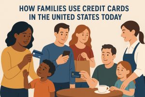 Flat-style illustration with the headline ‘HOW FAMILIES USE CREDIT CARDS IN THE UNITED STATES TODAY’ at the top. Below, a diverse group of people in a family setting uses credit cards: a woman on the left holds up a blue card while a child stands beside her; in the center a man looks at a smartphone and a woman holds a shopping bag; on the right a seated man offers a credit card across a table with a coffee cup, while a woman in an apron stands behind a young girl. Warm, friendly tones suggest everyday spending, budgeting, and purchases.