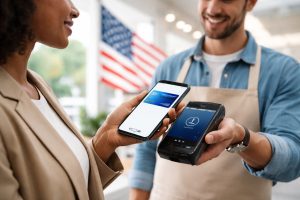 Close-up of a mobile wallet payment showing a smartphone and credit card reader during a secure transaction.