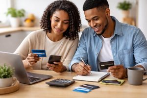 Young couple planning budget and tracking expenses using credit cards, notebook, and laptop at home.