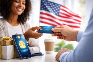 Customer making a contactless purchase using a smartphone and credit card terminal at a retail checkout.