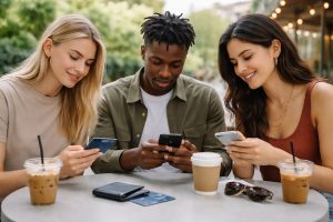 Group of young adults checking mobile banking apps and managing credit card spending on smartphones at a café.