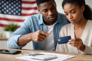 Married couple reviewing household bills and calculating expenses while discussing credit card payments at home.