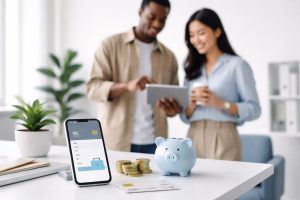 Smartphone displaying a digital wallet next to coins and a piggy bank, representing savings, fintech solutions, and efficient finances management.