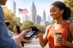 Woman making a contactless digital payment in an urban environment, highlighting modern finances, cashless payments, and everyday financial technology.