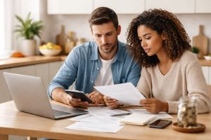 Young couple analyzing financial statements together at home, illustrating responsible finances planning and informed money decisions