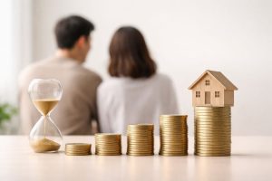 Finances concept showing stacked coins increasing in height with a small house on top, symbolizing long-term financial growth and personal finances planning.