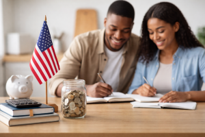 Finances education scene featuring a couple writing in notebooks at a table with savings coins, calculator, and U.S. flag symbolizing long-term financial goals.