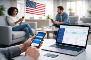 Finances and digital banking in the U.S. shown by a person using a smartphone next to a laptop displaying financial dashboards, with an American flag in the background.