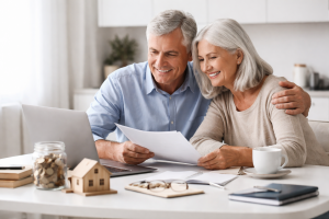 Finances management for retirement as an older couple reviews documents together at home with a laptop, savings jar, and house model on the table.