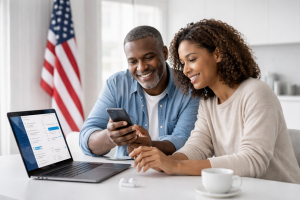 Finances planning scene with a couple reviewing account information on a laptop and smartphone, smiling while managing digital finances in the United States.