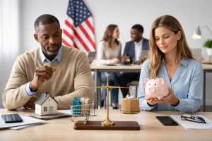 Finances concept showing a man and woman comparing savings priorities with a piggy bank, house model, and balance scale on a desk in a U.S. office setting.