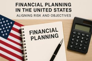 Financial planning and investments concept in the United States featuring a notebook labeled “Financial Planning,” an American flag, a calculator, and a pen on a desk, representing strategic planning, risk alignment, and informed investments decision-making.