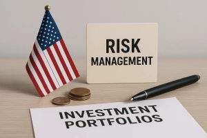 Risk management and investments concept in the United States featuring an American flag, stacked coins, a pen, and a sign labeled “Risk Management” alongside “Investment Portfolios,” representing strategies for managing risk in diversified investment portfolios.