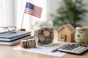 Minimalist and realistic scene representing long-term investiments in the United States, featuring a glass jar filled with coins, a small wooden house, rolled US dollar bills, a calculator, notebooks, and a subtle American flag in the background, arranged on a clean desk with soft natural lighting, conveying financial planning and private pension savings.