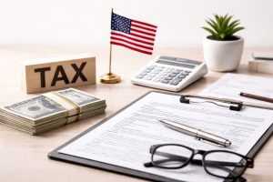 Minimalist and realistic workspace illustrating investiments and taxes in the United States, featuring US dollar bills neatly stacked on a desk, a calculator, official financial documents on a clipboard, eyeglasses, a pen, a small American flag, and a plant, with soft lighting and neutral tones conveying financial planning and tax awareness.