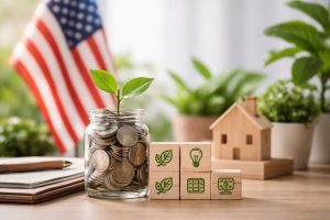 Minimalist and realistic scene representing sustainable investiments in the United States, with a glass jar filled with coins and a small green plant growing from it, symbolizing long-term portfolio growth. The background includes a softly blurred U.S. flag, natural plants, and wooden objects that evoke environmental responsibility and stability, with balanced lighting and clean composition.