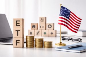 Minimalist and realistic composition representing Investments in the United States, featuring stacked coins symbolizing financial growth, wooden blocks representing diversified asset classes, and the U.S. flag on a clean desk environment, conveying the evolution of ETFs and diversification strategies in Investments.