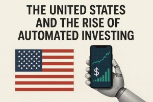 Automated investing and investments concept in the United States showing a robotic hand holding a smartphone with rising financial charts and a dollar symbol, alongside an American flag, representing technology-driven investments and the growth of automated investment platforms in the U.S.