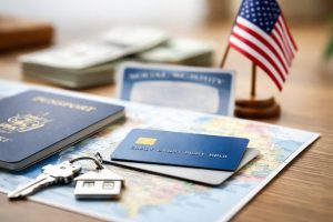 Credit card resting on a world map alongside a passport, house keys, and a small U.S. flag on a wooden table, symbolizing the financial journey and challenges faced by immigrants building credit card access in the United States.
