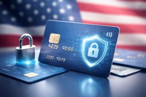 Close-up of modern credit cards arranged on a reflective surface, featuring a glowing digital shield and padlock symbol that represent advanced cybersecurity layers, with a softly blurred United States flag in the background, illustrating enhanced protection for digital credit cards in the American financial ecosystem.