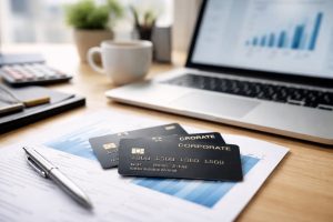 Minimalist and realistic office desk scene featuring corporate credit card cards placed on printed financial documents, alongside a silver pen, a laptop with a blurred financial interface in the background, and a coffee cup, representing modern financial management and business expense control using credit card solutions in the U.S.