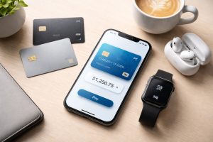 Realistic and minimalist scene representing credit card usage in the United States in 2026, featuring a smartphone displaying a digital wallet with a blue credit card interface, placed on a light wooden desk alongside two modern physical credit cards, a smartwatch with a dark screen, wireless earbuds in an open charging case, a cup of coffee with latte art, a small green plant, and a closed leather wallet, all arranged with balanced lighting, sharp definition, and clean composition that conveys digital finance, contactless payments, and evolving consumer behavior.