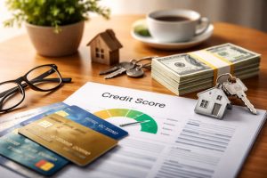 Realistic and minimalist scene on a wooden desk featuring a financial report with a colored gauge indicator, several credit card options partially overlapping in the foreground, a stack of U.S. dollar bills neatly bundled, a small house model, and a set of house keys with a metallic home-shaped keychain.
