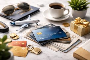 Realistic and minimalist composition featuring a stack of credit card options arranged on a marble surface, surrounded by travel-inspired elements such as a small airplane model, a passport, sunglasses, gold coins, a gift box with ribbon, and a cup of coffee, symbolizing rewards, loyalty benefits, and lifestyle advantages associated with U.S. credit card programs.