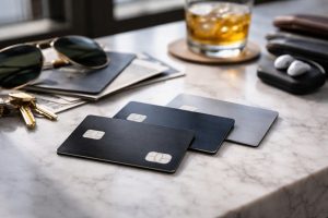The image shows three dark metallic credit cards placed on a light marble surface. Nearby, there are gold keys, a partially visible passport, sunglasses, wireless earbuds, and a glass of whiskey with ice on a coaster. The composition suggests a premium lifestyle associated with travel, luxury, and the use of a credit card for high-end purchases and experiences.
