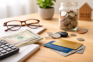 Close-up de uma mesa de madeira clara com elementos financeiros organizados de forma minimalista. Em primeiro plano há três credit card empilhados ao lado de algumas notas de dólar e moedas espalhadas. Próximo a eles estão um par de óculos, um pequeno bloco de anotações e uma calculadora parcialmente visível, sugerindo planejamento financeiro. Ao fundo, levemente desfocado, aparecem um pote de vidro com moedas, uma pequena planta em vaso e uma decoração em formato de casa, criando um ambiente doméstico e tranquilo. A composição transmite a ideia de organização financeira e gestão de gastos relacionados ao uso de credit card no cotidiano.