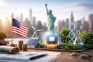 A realistic and minimalist composition representing investments in the United States, featuring a small American flag beside neatly stacked coins and financial documents on a desk.