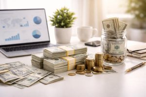 Minimalist workspace featuring stacks of US dollar bills, gold coins, and a glass jar filled with cash on a clean desk, alongside a laptop, coffee cup, and plant, representing modern financial growth and global investments strategies for generating passive income in dollars