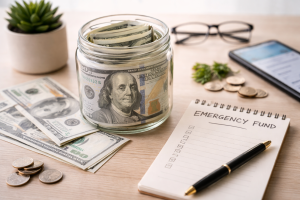 Minimalist composition related to Finances showing a glass jar filled with US dollar bills on a wooden desk, surrounded by neatly arranged cash, coins, a pen, a notebook, a smartphone, and a small plant, with soft lighting and shallow depth of field emphasizing clarity and financial organization.