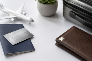 Minimalist and realistic scene on a clean, light surface showing travel-related items arranged with balance and clarity. In the foreground, a sleek Credit Card rests partially over a closed passport, both positioned slightly to the left. On the right side, a brown leather wallet sits neatly beside the corner of a dark suitcase, suggesting preparation for a trip. In the background, a small airplane model appears softly out of focus, along with a subtle decorative plant, reinforcing the travel theme. The composition features soft lighting, neutral tones, and sharp definition on the main objects, with no text or visual clutter.