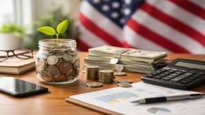 A minimalist and realistic scene representing finances in the United States, featuring a glass jar filled with coins and a small green plant growing from it, symbolizing financial growth and awareness. The setup includes neatly stacked dollar bills, a calculator, a smartphone, a notebook, and a document with charts on a wooden desk, all arranged with balanced lighting and sharp focus, conveying mindful money management and financial literacy.