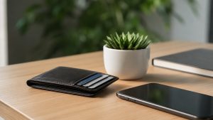 “Minimalist workspace featuring a leather wallet with visible credit card slots, a modern smartphone, a notebook, and a small plant on a wooden desk. The soft natural lighting and clean composition symbolize financial organization, responsible spending habits, and the importance of maintaining a strong credit history.”