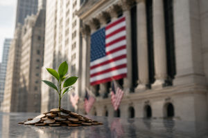 Realistic minimalist image representing Investments in the American financial market, featuring a small green plant growing from a pile of coins in the foreground, symbolizing long-term wealth growth and recurring income. In the blurred background, classic Wall Street-style buildings and subtle American flags reinforce the connection to the United States stock market, with soft natural lighting and balanced contrasts creating a calm and professional atmosphere.