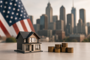 Minimalist and realistic scene representing Investments in the American property sector without direct property ownership. A modern miniature house is positioned on a clean surface beside organized stacks of gold coins, symbolizing financial participation and passive income opportunities. In the blurred background, the skyline of a major U.S. city and an American flag reinforce the connection to the United States market. Soft lighting, balanced contrast, and neutral tones create a professional and sophisticated visual composition focused on alternative real estate investing.