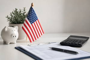 Minimalist and realistic workspace representing personal finances and tax planning in the United States. A small American flag stands prominently on a clean white desk beside a white piggy bank, symbolizing savings and financial management. A calculator, clipboard with documents, and pen are neatly arranged in the foreground, suggesting tax preparation and organized financial records. A soft-focus green plant in the background adds a professional and welcoming atmosphere. The image features balanced lighting, subtle colors, and ample negative space, conveying concepts of financial responsibility, tax optimization, budgeting, and smart money management for U.S. taxpayers.